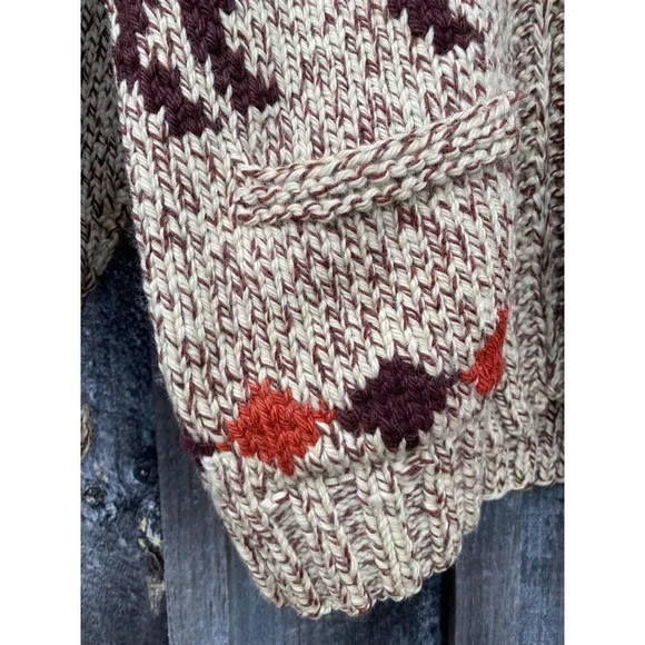 VINTAGE HAND KNIT cowichan horse hand knit wool zip up cardigan sweater large - Picture 6 of 9